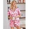 Ekouaer Satin Pajamas for Women Silk Pjs Short Set 2 Piece Button Up Lounge Sets Short Sleeve Sleepwear S-XXL(Cherry and Bow)