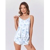 Ekouaer Silk Pajamas for Women Satin Cami Pjs Set V Neck Camisole Shorts Set Adjustable Strap Sleepwear(Light Blue Print)