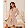 Ekouaer Waffle Robes for Women Lightweight Knit V Neck 3/4 Sleeve Kimono Bathrobe with Pockets Soft Sexy Spa Loungewear S-XXL(Khaki)