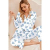 Ekouaer Women’s Classic Button Down Long Satin Silk Pajama Set(Blue Floral Print)