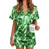 Ekouaer Satin Pajamas for Women Silk Pjs Short Set 2 Piece Button Up Lounge Sets Short Sleeve Sleepwear S-XXL(Hawaii Green Leaves)