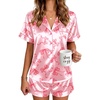 Ekouaer Satin Pajamas for Women Silk Pjs Short Set 2 Piece Button Up Lounge Sets Short Sleeve Sleepwear S-XXL(Pink Bow Ties)