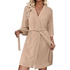 Ekouaer Waffle Robes for Women Lightweight Knit V Neck 3/4 Sleeve Kimono Bathrobe with Pockets Soft Sexy Spa Loungewear S-XXL(Khaki)