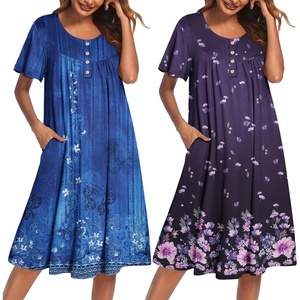 Ekouaer 2 Pack House Dresses for Women with Pockets Short Sleeve Moomoo Nightgown Plus Size Mumu Dress Floral Lounge Dress(Floral Purple/Ethnic Print Blue)
