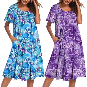 Ekouaer 2 Pack House Dresses for Women with Pockets Short Sleeve Moomoo Nightgown Plus Size Mumu Dress Floral Lounge Dress(Print Blue/Print Purple)