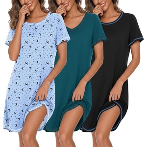 Ekouaer Cotton Nightgowns for Women 3 Pack Night Gown Short Sleeve Sleepshirts V Neck Sleepwear Soft Tshirt Pajama Dress(Black/Blue Green/Blue Stars)