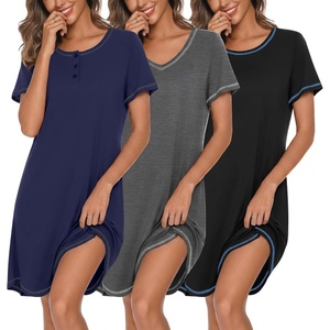 Ekouaer Cotton Nightgowns for Women 3 Pack Night Gown Short Sleeve Sleepshirts V Neck Sleepwear Soft Tshirt Pajama Dress(Black/Grey/Navy Blue)