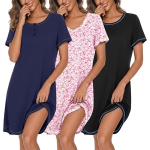Ekouaer Cotton Nightgowns for Women 3 Pack Night Gown Short Sleeve Sleepshirts V Neck Sleepwear Soft Tshirt Pajama Dress(Black/Pink Floral/Navy Blue)