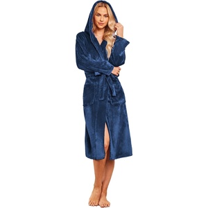 Ekouaer Fleece Robes for Women with Hooded Warm Soft Cozy Long Plush Bathrobe S-XXL(B-navy Blue)