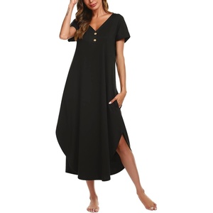 Ekouaer Long Nightgowns for Women Button Night Gowns Short Sleeve Sleepwear Full Length Sleep Shirts With Pockets S-4XL(Black)
