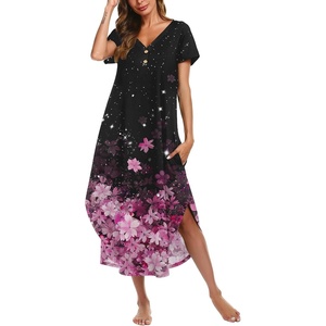 Ekouaer Long Nightgowns for Women Button Night Gowns Short Sleeve Sleepwear Full Length Sleep Shirts With Pockets S-4XL(Flower Black Pink)