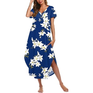 Ekouaer Long Nightgowns for Women Button Night Gowns Short Sleeve Sleepwear Full Length Sleep Shirts With Pockets S-4XL(Flower Navy Blue)