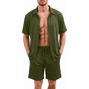 Ekouaer Men’s Hawaiian Shirt and Shorts Sets 2 Piece Beach Outfits Button Down Summer Pajamas Set Vacation Lounge Sets XS-XXL(Army Green)