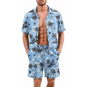 Ekouaer Men’s Hawaiian Shirt and Shorts Sets 2 Piece Beach Outfits Button Down Summer Pajamas Set Vacation Lounge Sets XS-XXL(Coconut Tree & Light Blue)