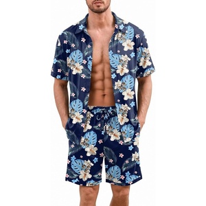 Ekouaer Men’s Hawaiian Shirt and Shorts Sets 2 Piece Beach Outfits Button Down Summer Pajamas Set Vacation Lounge Sets XS-XXL(Hawaiian Flower Blue Leaves)