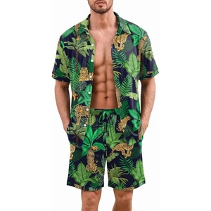 Ekouaer Men’s Hawaiian Shirt and Shorts Sets 2 Piece Beach Outfits Button Down Summer Pajamas Set Vacation Lounge Sets XS-XXL(Tropical Plant Leopard)