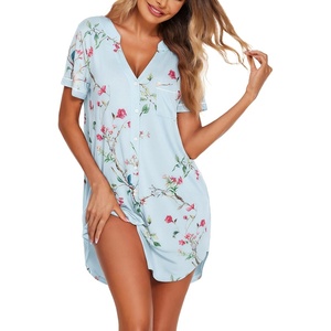 Ekouaer Nightgowns for Women Button Down Night Gowns Short Sleeve Sleep Shirt V Neck Nightshirt Soft Sleepwear Pajams Dress(Blue Floral)