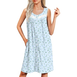 Ekouaer Nightgowns for Women Button Up Sleepshirt Tank Sleeveless Nightshirt Soft Sleepwear with Pockets S-XXXL(Blue Floral)