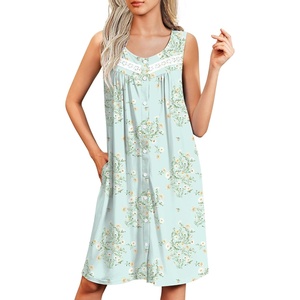 Ekouaer Nightgowns for Women Button Up Sleepshirt Tank Sleeveless Nightshirt Soft Sleepwear with Pockets S-XXXL(Cyan White Floral)