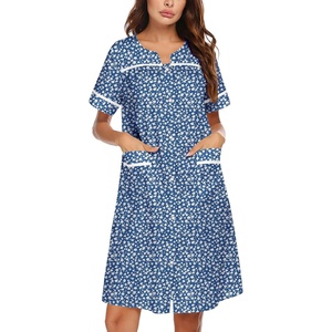 Ekouaer Nightgowns for Women House Dress with Pockets Snap Front House Coat Short Sleeve Duster Moo Moos Sleepwear S-3XL(Blue Floral)