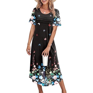 Ekouaer Nightgowns for Women Long Night Gown Pleated Moo Moos Short Sleeve House Dress Plus Size Lounge Dress S-5XL(Black Butterfly Floral)