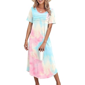 Ekouaer Nightgowns for Women Long Night Gown Pleated Moo Moos Short Sleeve House Dress Plus Size Lounge Dress S-5XL(Pink Tie-dye)