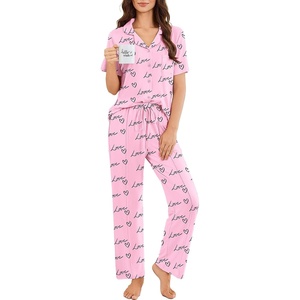 Ekouaer Pajamas for Women Set Button Up Sleepswear 2 Piece Short Sleeve PJ Top and Long Pants Loungwear With Pocket S-XXL(Love)