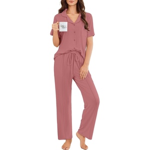 Ekouaer Pajamas for Women Set Button Up Sleepswear 2 Piece Short Sleeve PJ Top and Long Pants Loungwear With Pocket S-XXL(Old Rose)