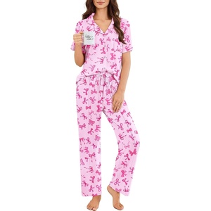 Ekouaer Pajamas for Women Set Button Up Sleepswear 2 Piece Short Sleeve PJ Top and Long Pants Loungwear With Pocket S-XXL(Pink Bow)