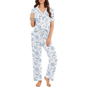 Ekouaer Pajamas for Women Set Button Up Sleepswear 2 Piece Short Sleeve PJ Top and Long Pants Loungwear With Pocket S-XXL(Shell World)