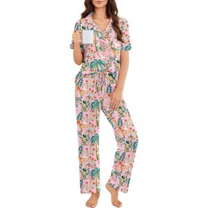 Ekouaer Pajamas for Women Set Button Up Sleepswear 2 Piece Short Sleeve PJ Top and Long Pants Loungwear With Pocket S-XXL(Tropical Print)