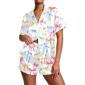 Ekouaer Pajamas for Women Set Silk Satin Pjs Button Down Sleepwear Summer Loungewear Top and Shorts Lounge Set S-XXL(Colorful Bow)