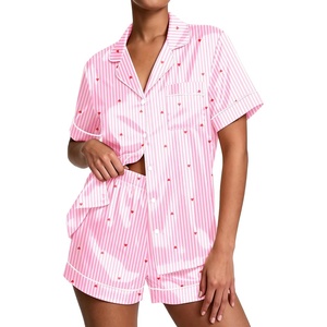 Ekouaer Pajamas for Women Set Silk Satin Pjs Button Down Sleepwear Summer Loungewear Top and Shorts Lounge Set S-XXL(Love Stripe)