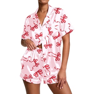 Ekouaer Pajamas for Women Set Silk Satin Pjs Button Down Sleepwear Summer Loungewear Top and Shorts Lounge Set S-XXL(Red Bow)