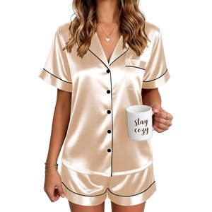 Ekouaer Satin Pajamas for Women Silk Pjs Short Set 2 Piece Button Up Lounge Sets Short Sleeve Sleepwear S-XXL(Champagne)