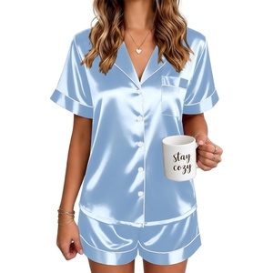 Ekouaer Satin Pajamas for Women Silk Pjs Short Set 2 Piece Button Up Lounge Sets Short Sleeve Sleepwear S-XXL(Light Blue)