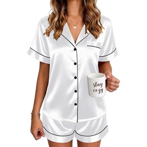 Ekouaer Satin Pajamas for Women Silk Pjs Short Set 2 Piece Button Up Lounge Sets Short Sleeve Sleepwear S-XXL(White)