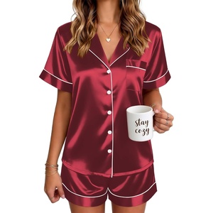Ekouaer Satin Pajamas for Women Silk Pjs Short Set 2 Piece Button Up Lounge Sets Short Sleeve Sleepwear S-XXL(Wine)