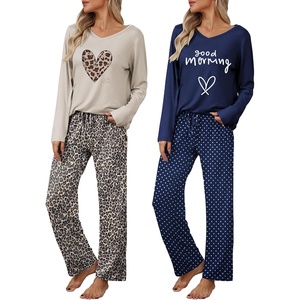 Ekouaer Womens 2 Pack Pajama Set Long Sleeve Pajamas Top and Pants V Neck Pjs Set Soft Loungewear with Pockets(Navy Polka Dot leopard Print Love)