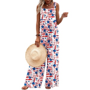Ekouaer Women’s Casual Overalls Loose Wide Leg Jumpsuits Summer Boho Floral Printed Baggy Rompers with Pockets(Flag)