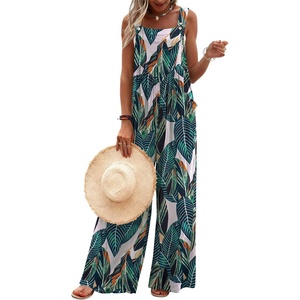 Ekouaer Women’s Casual Overalls Loose Wide Leg Jumpsuits Summer Boho Floral Printed Baggy Rompers with Pockets(Green White Leaves)