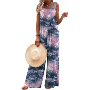 Ekouaer Women’s Casual Overalls Loose Wide Leg Jumpsuits Summer Boho Floral Printed Baggy Rompers with Pockets(Pink Grey Tie Dye)