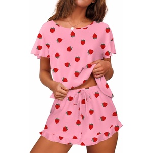 Ekouaer Women’s Pajama Set Ruffle Sleeves Top and Short Soft 2 Piece Loungewear Set(Pink Strawberry)