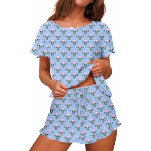 Ekouaer Women’s Pajama Set Ruffle Sleeves Top and Short Soft 2 Piece Loungewear Set(Rabbits and Flowers)