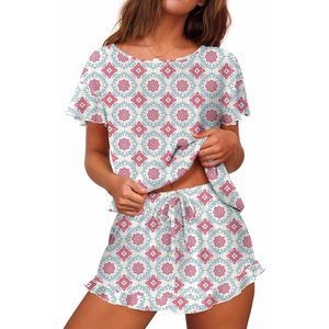 Ekouaer Women’s Pajama Set Ruffle Sleeves Top and Short Soft 2 Piece Loungewear Set(Silhouette Flower Leaves)