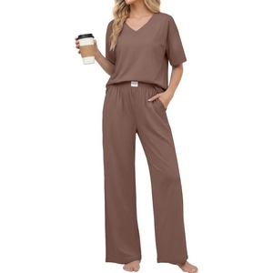 Ekouaer Womens Pajama Sets Cotton Short Sleeve Sleepwear Long Pants Lounge Set Soft Pjs with Pockets S-XXL(Brown)