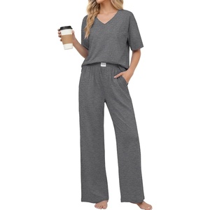 Ekouaer Womens Pajama Sets Cotton Short Sleeve Sleepwear Long Pants Lounge Set Soft Pjs with Pockets S-XXL(Dark Grey)