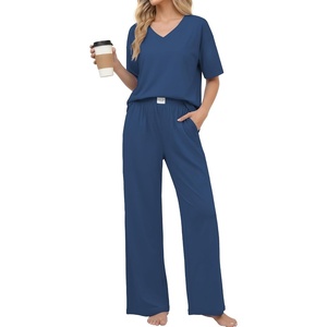Ekouaer Womens Pajama Sets Cotton Short Sleeve Sleepwear Long Pants Lounge Set Soft Pjs with Pockets S-XXL(Navy)