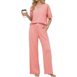 Ekouaer Womens Pajama Sets Cotton Short Sleeve Sleepwear Long Pants Lounge Set Soft Pjs with Pockets S-XXL(Orange Pink)
