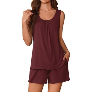 Ekouaer Womens Pajama Sets Viscose from Bamboo Sleeveless Lounge Sets Soft Tank Top and Shorts 2 Piece Pj Sets with Pockets(Deep Red)
